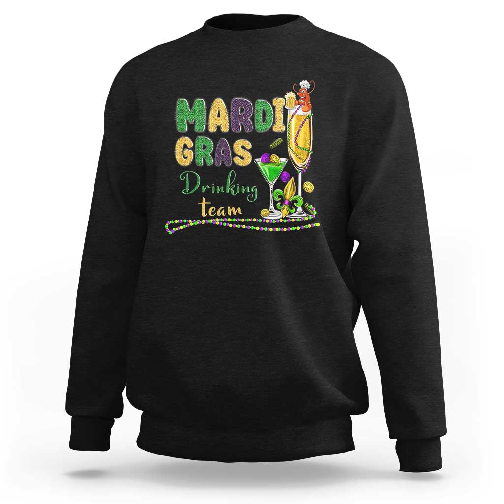Black crewneck sweatshirt with Mardi Gras team graphic glitter print on front