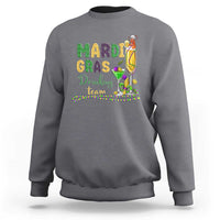 Dark heather gray crewneck sweatshirt with Mardi Gras team graphic glitter print