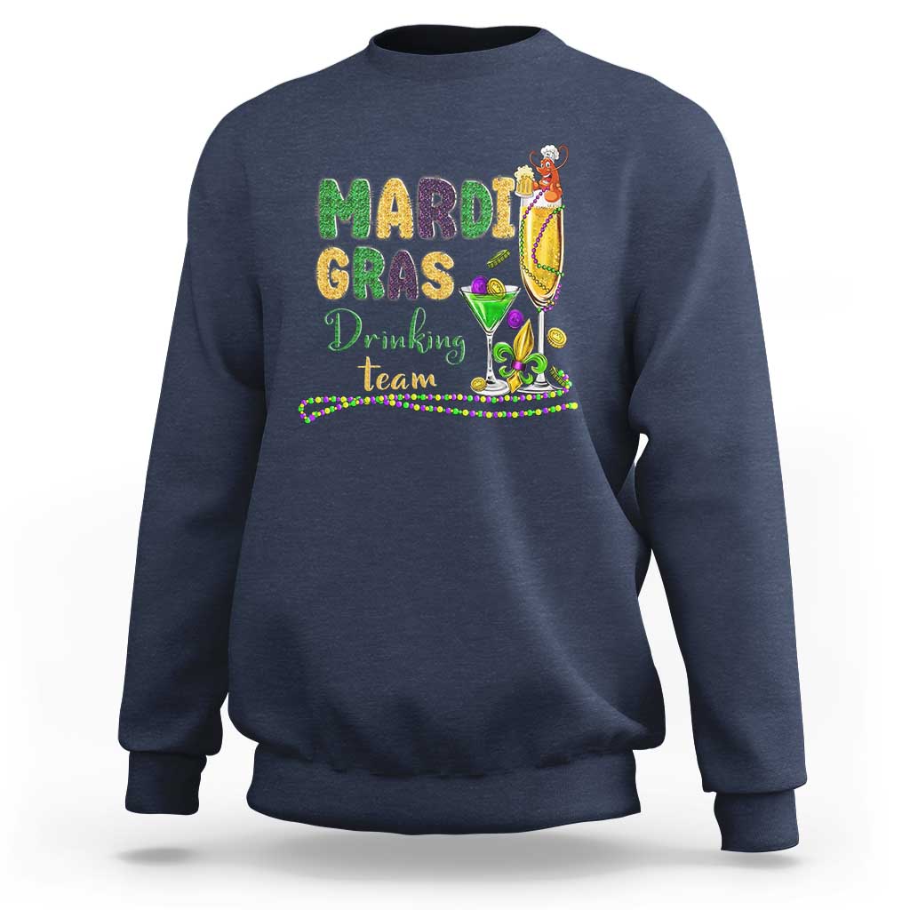 Navy crewneck sweatshirt with Mardi Gras team graphic glitter print on front
