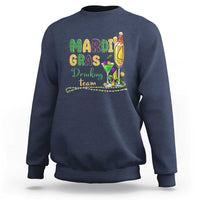 Navy crewneck sweatshirt with Mardi Gras team graphic glitter print on front