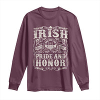 Maroon long sleeve T-shirt with white "Irish Pride and Honor" crest graphic