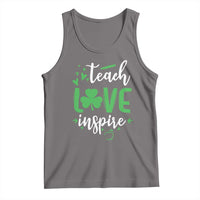 St. Patrick's Day tank top with green shamrock and Teach Love Inspire print