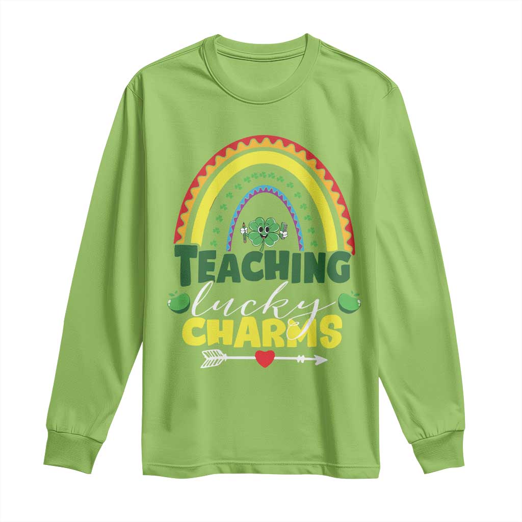 Lime green long sleeve shirt with rainbow "Teaching Lucky Charms" graphic