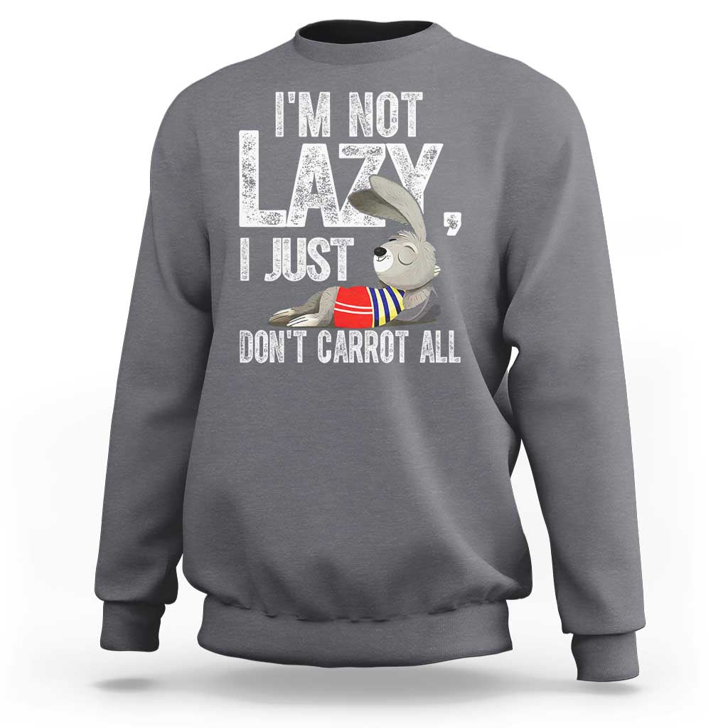 Dark heather crewneck sweatshirt with bunny carrot joke graphic on front