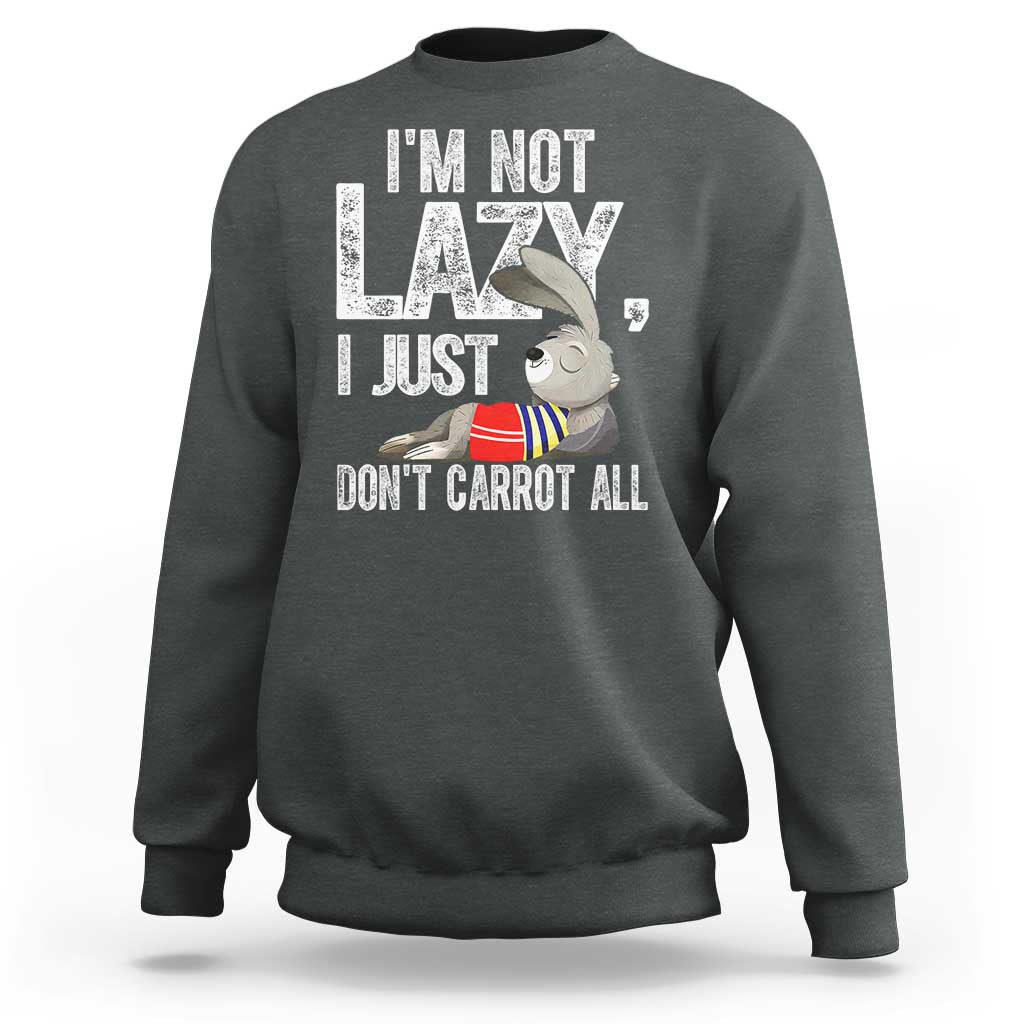 Charcoal crewneck sweatshirt with bunny carrot joke graphic on front