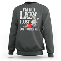 Charcoal crewneck sweatshirt with bunny carrot joke graphic on front