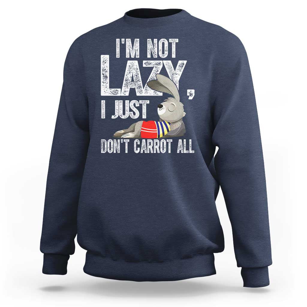 Navy crewneck sweatshirt with bunny carrot joke graphic on front