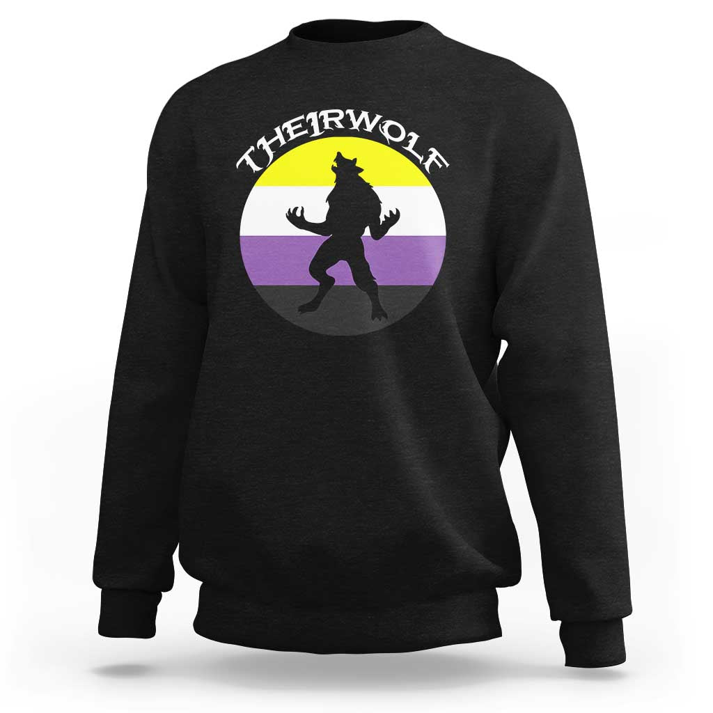 Black crewneck sweatshirt with wolf silhouette graphic and pride stripes on back.