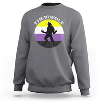 Charcoal gray crewneck sweatshirt with wolf silhouette graphic and pride stripes on back.