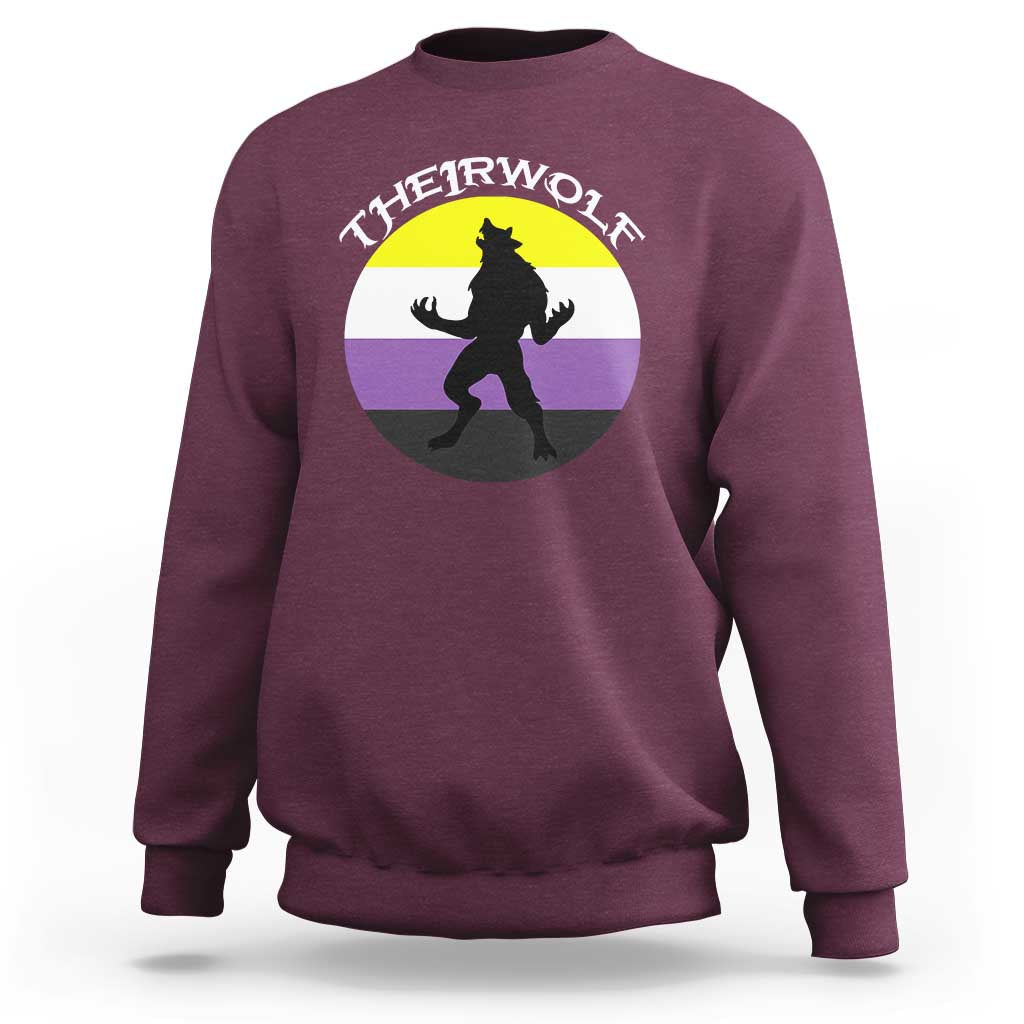 Purple crewneck sweatshirt with wolf silhouette graphic and pride stripes on back.