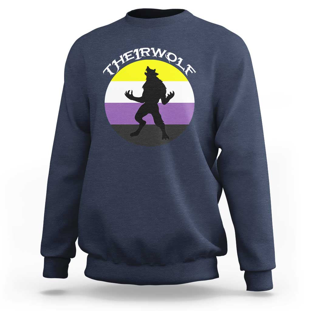 Navy crewneck sweatshirt with wolf silhouette graphic and pride stripes on back.