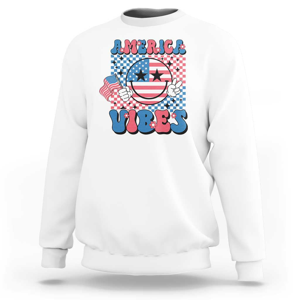 White crewneck sweatshirt with America groovy graphic and flag-themed print