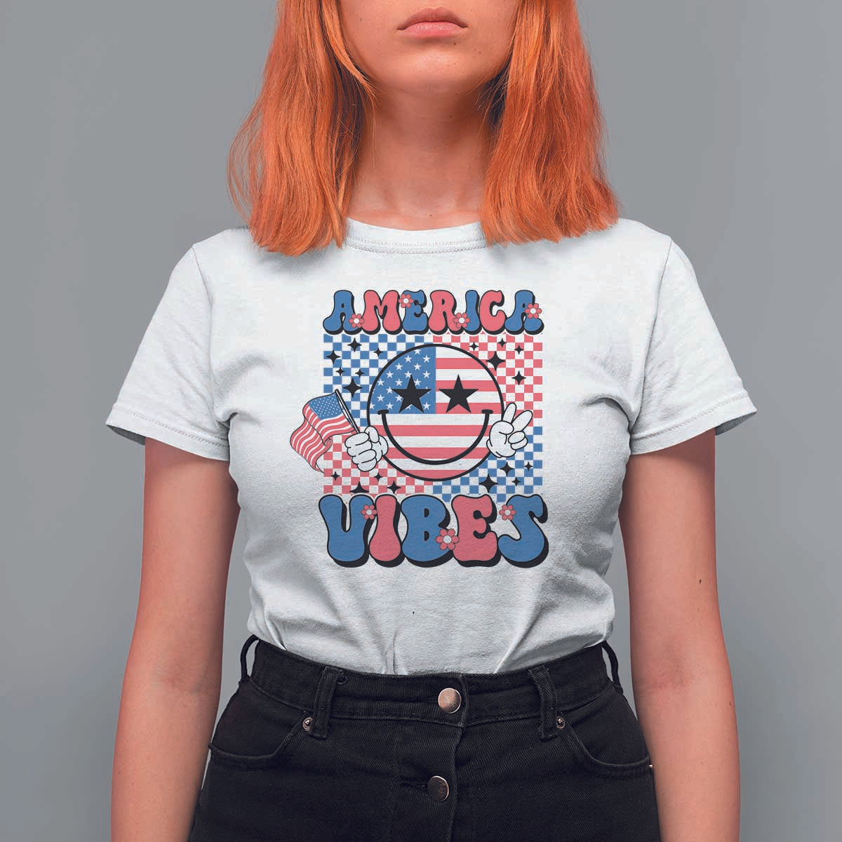 American Vibes T Shirt For Women Retro Groovy USA Pride Flag 4th Of July - Wonder Print Shop