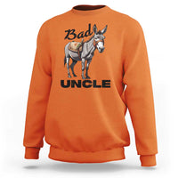 Orange sweatshirt with donkey graphic and bold text “Bad UNCLE” on front.