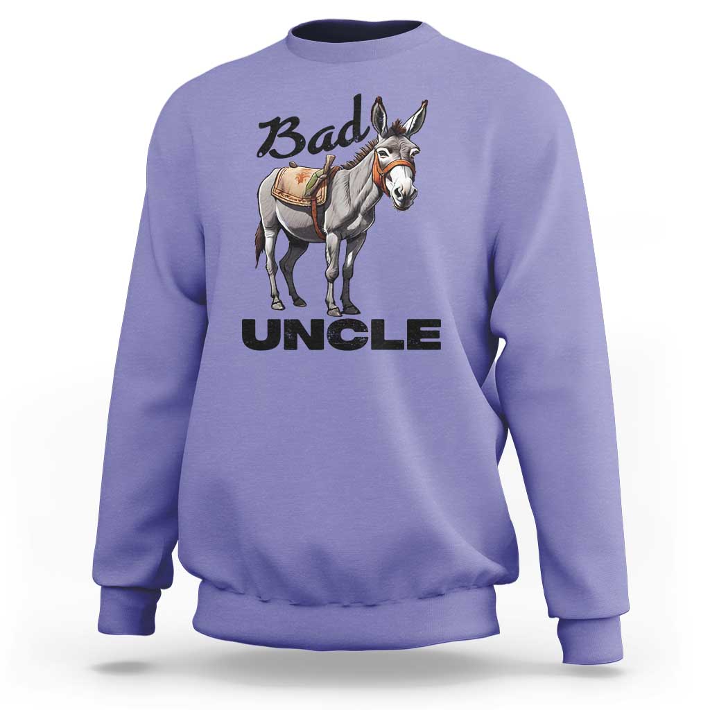 Violet sweatshirt with donkey graphic and bold text “Bad UNCLE” on front.