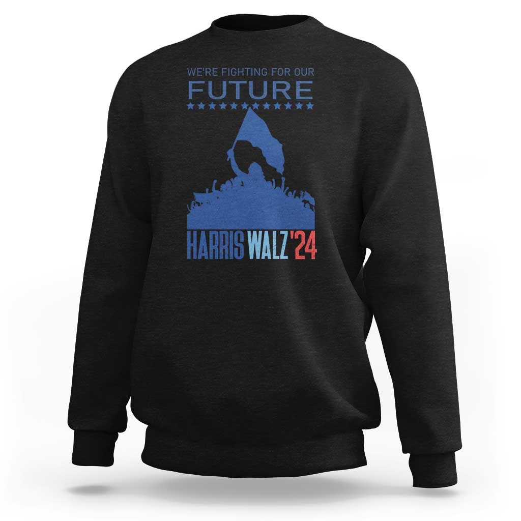 Black women's sweatshirt with blue 'HARRIS WALZ'24' and 'FUTURE' stars graphic