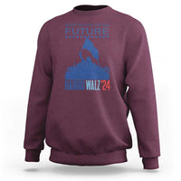 Maroon women's sweatshirt with blue 'HARRIS WALZ'24' and 'FUTURE' stars graphic