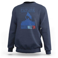 Navy women's sweatshirt with blue 'HARRIS WALZ'24' and 'FUTURE' stars graphic