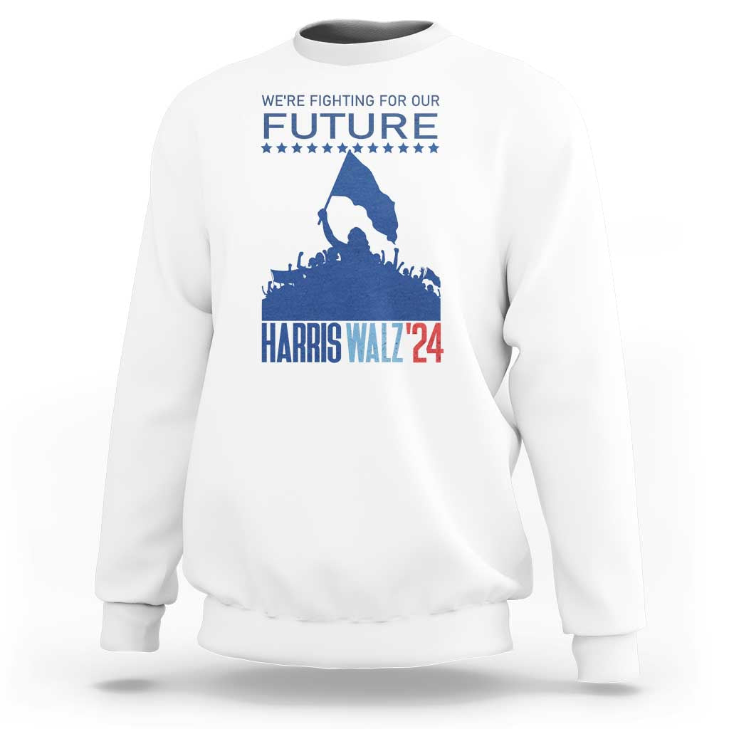 White women's sweatshirt, blue 'HARRIS WALZ'24' and 'FUTURE' stars graphic
