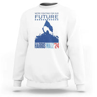 White women's sweatshirt, blue 'HARRIS WALZ'24' and 'FUTURE' stars graphic