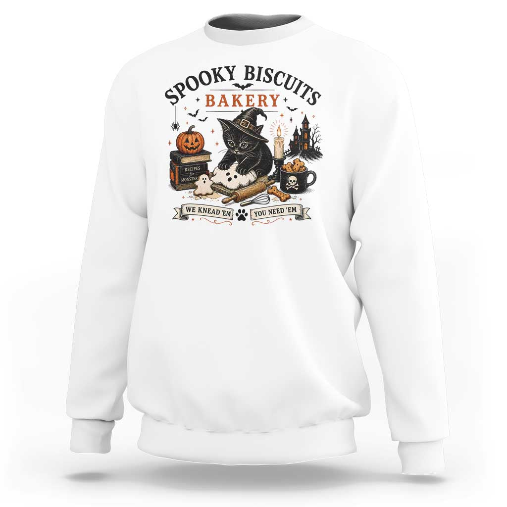 Funny Spooky Biscuits Bakery Cat Halloween Sweatshirt We Knead Em You Need Em Pastry Kitten Lover