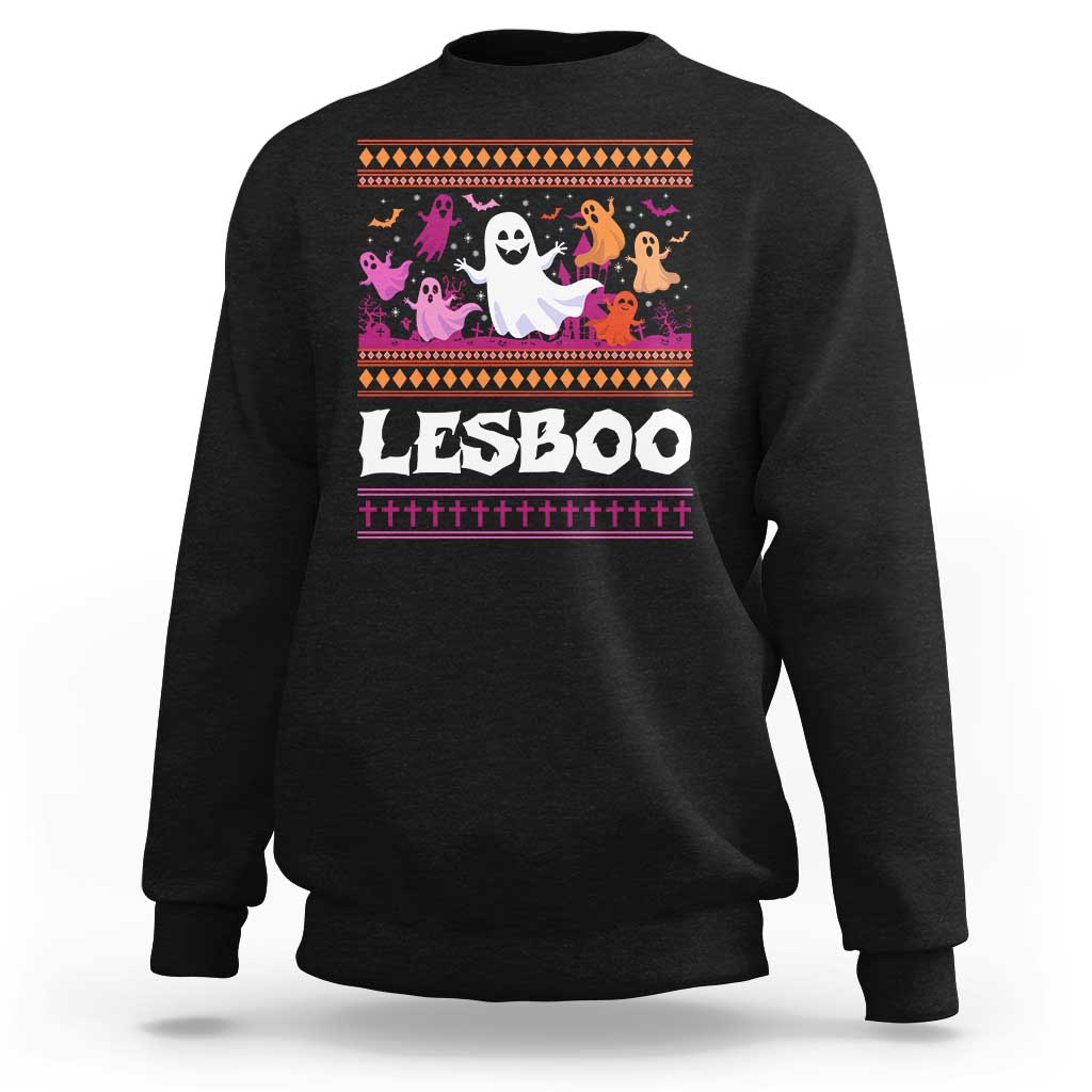 Black Halloween graphic sweatshirt with ghost, bats, and LESBOO front print
