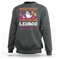Dark heather Halloween graphic sweatshirt with ghost, bats, and LESBOO front print