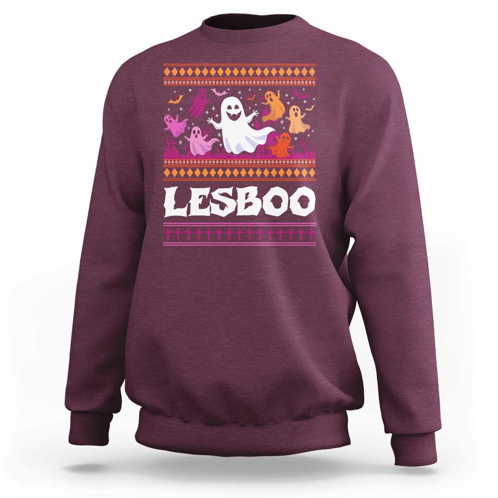 Maroon Halloween graphic sweatshirt with ghost, bats, and LESBOO front print