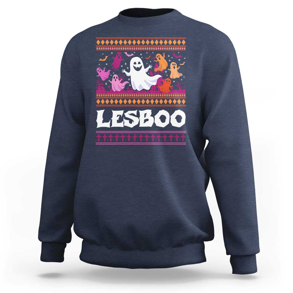 Navy Halloween graphic sweatshirt with ghost, bats, and LESBOO front print
