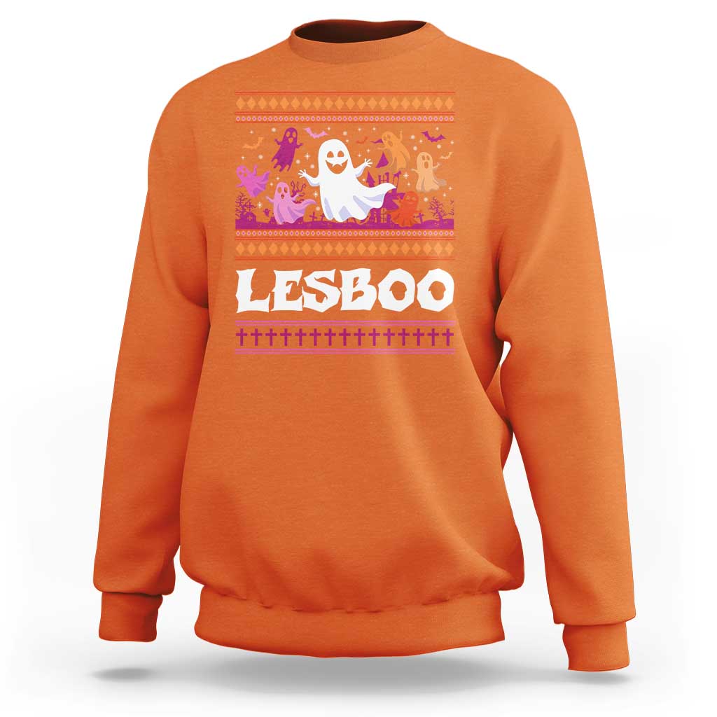 Orange Halloween graphic sweatshirt with ghost, bats, and LESBOO front print