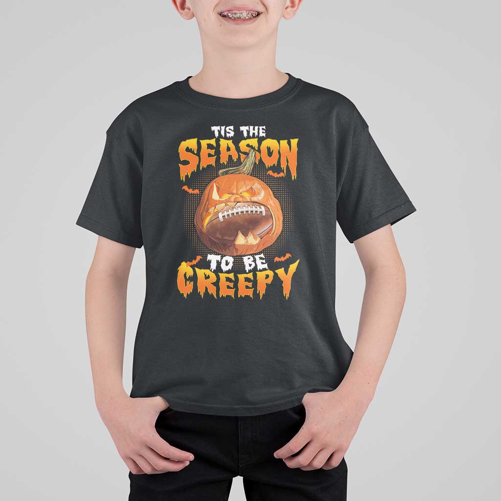 Funny Halloween Football T Shirt For Kid Tis The Season To Be Creepy Pumpkin American Football Bat - Wonder Print Shop