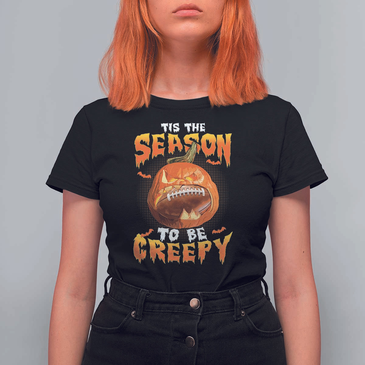 Funny Halloween Football T Shirt For Women Tis The Season To Be Creepy Pumpkin American Football Bat - Wonder Print Shop