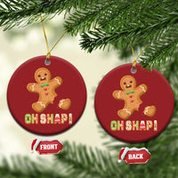 Round red gingerbread Christmas ornaments with gold strings and "OH SHAPI!" front/back