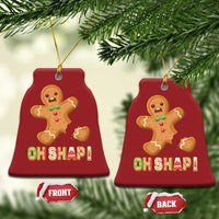 Bell-shaped gingerbread Christmas ornaments with gold strings and "OH SHAPI!" front/back