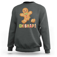 Charcoal heather crewneck sweatshirt with gingerbread 'Oh Snap!' graphic on back