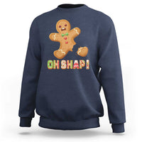 Navy crewneck sweatshirt with gingerbread 'Oh Snap!' graphic on back