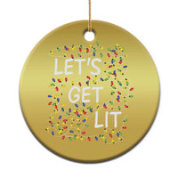 Gold round LED Christmas ornament with “LET’S GET LIT” text and colorful light icons