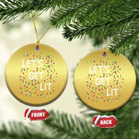 Set of gold round Christmas ornaments with “LET’S GET LIT” and colorful string light icons