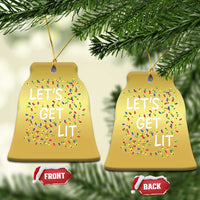 Gold bell-shaped Christmas ornaments with “LET’S GET LIT” and colorful light icon design