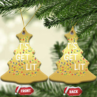 Gold bell-shaped ornaments hanging on a tree, “LET’S GET LIT” with colorful light icons