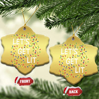 Gold snowflake-shaped Christmas ornaments with “LET’S GET LIT” and colorful light icons