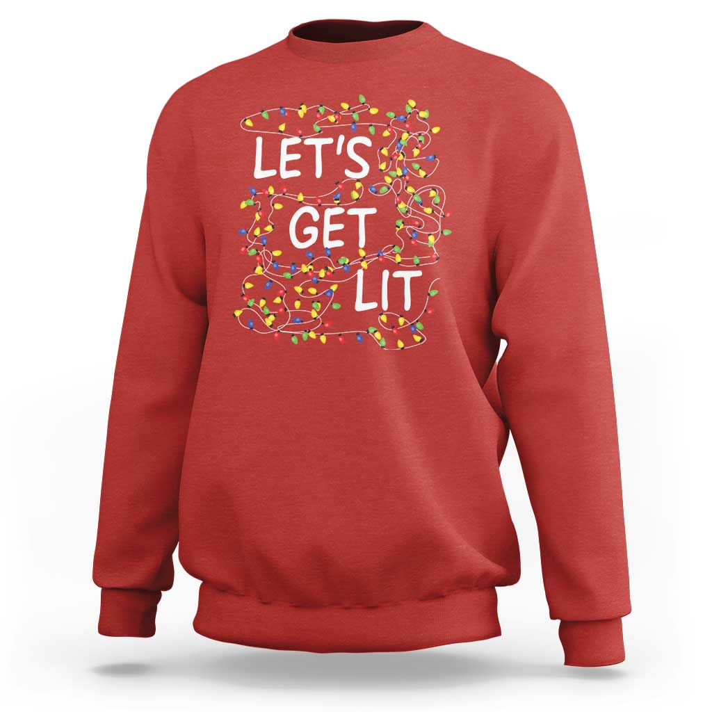 Red crewneck Christmas sweatshirt with 'Let's Get Lit' LED light graphic