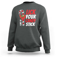 Charcoal crewneck sweatshirt with 'Lick Your Candy Stick' Christmas graphic