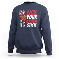 Navy crewneck sweatshirt with 'Lick Your Candy Stick' Christmas graphic