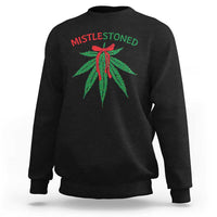Black crewneck sweatshirt with front graphic and text “MISTLESTONED” over mistletoe leaves