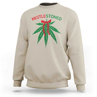 Sand crewneck sweatshirt with “MISTLESTONED” text and mistletoe leaves graphic