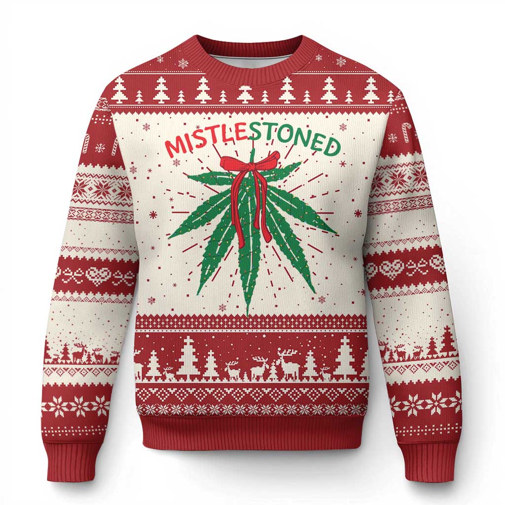 Red and cream Christmas sweater with mistletoe graphic and novelty text