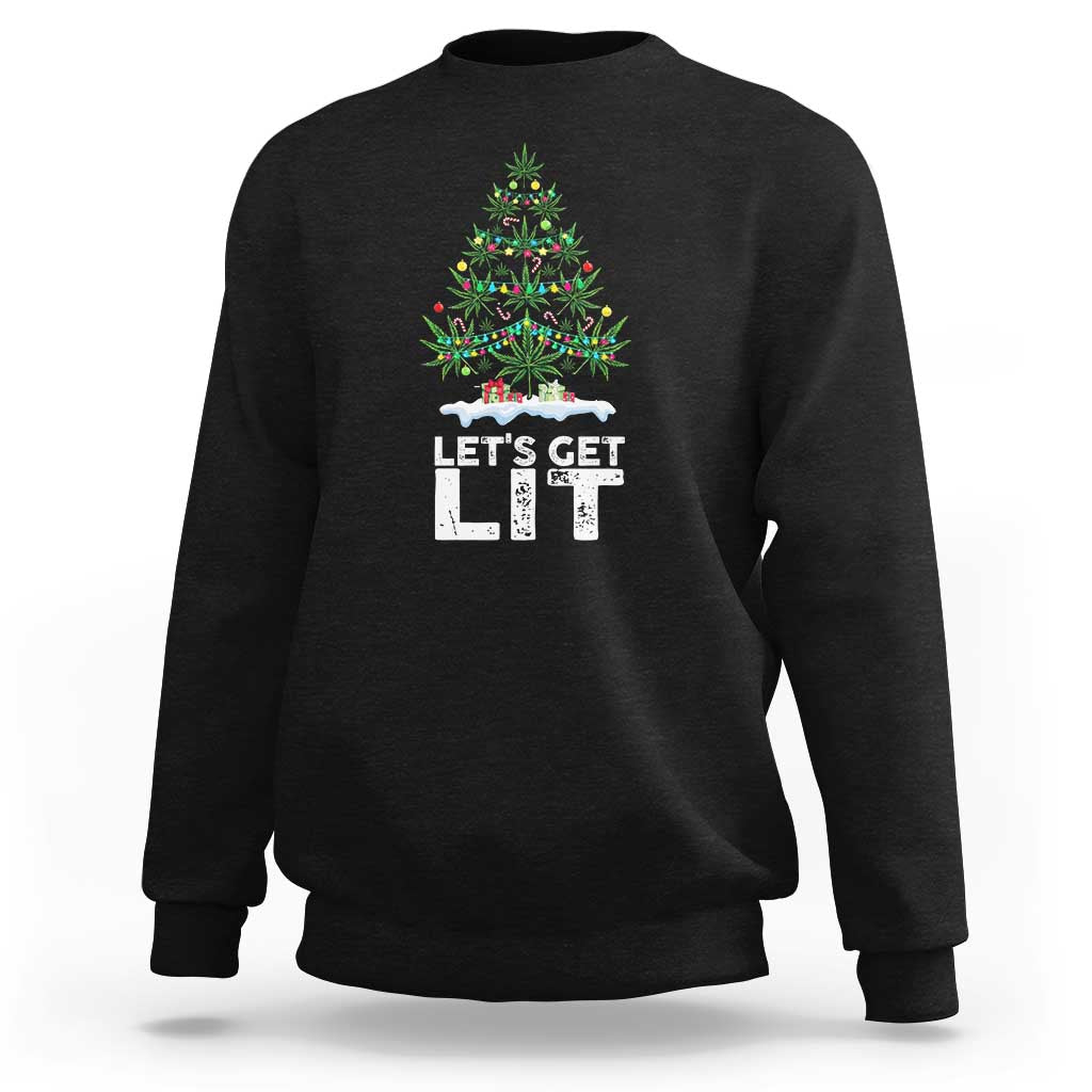 Black crewneck sweatshirt with colorful Christmas weed-tree graphic and “LET’S GET LIT” print