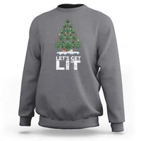 Dark heather crewneck sweatshirt with colorful Christmas weed-tree graphic and “LET’S GET LIT” print