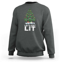 Charcoal crewneck sweatshirt with colorful Christmas weed-tree graphic and “LET’S GET LIT” print